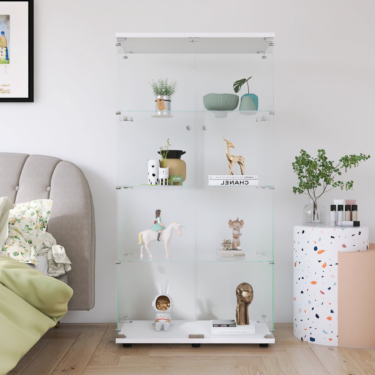 Glazen vitrinekast, moderne vitrinekast met 2 deuren en 4 legplanken van ESG-glas, verzamelvitrine voor de bar, de lounge, 164 x 80 x 36 cm, wit