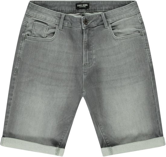 Grijze denim shorts met omgeslagen broekspijpen. Tailleband met knoop en ritssluiting, vijf zakken.