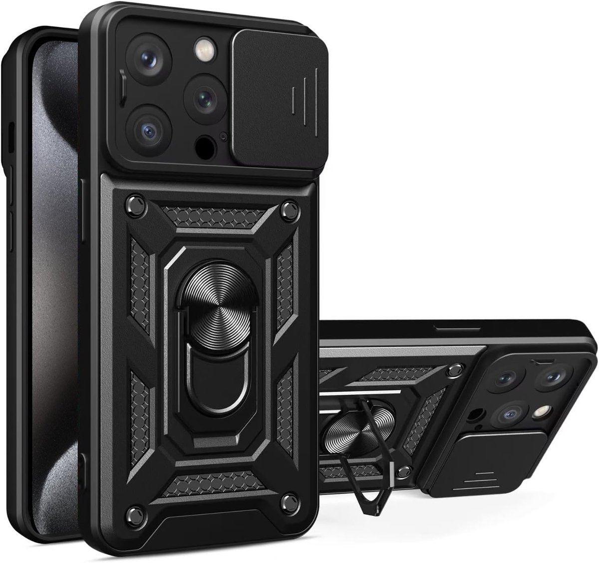 Hoesje geschikt voor iPhone 15 Pro Max met Ringhouder en Camera schuifje – Zwart