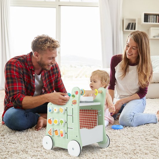 COSTWAY 6-in-1 loophulp van hout, loopwagen met speelkeuken, leerklok, vormaanpassing en beweegbare schuiver, educatief speelgoed, activiteitencentrum met wielen, voor kinderen vanaf 1 jaar — afbeelding 3