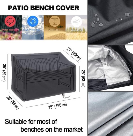 Housse grise avec dimensions pour un banc de parc, avec icônes pour protection eau, UV, poussière et vent.