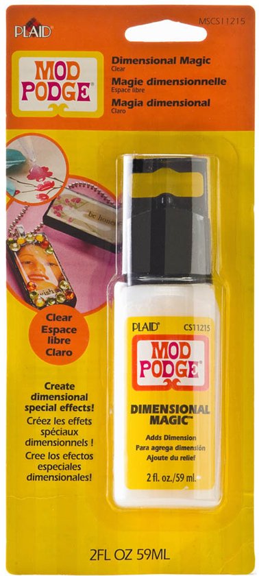 Mod Podge Dimensional Magic in verpakking, met productafbeeldingen van kettingen en bloemen.
