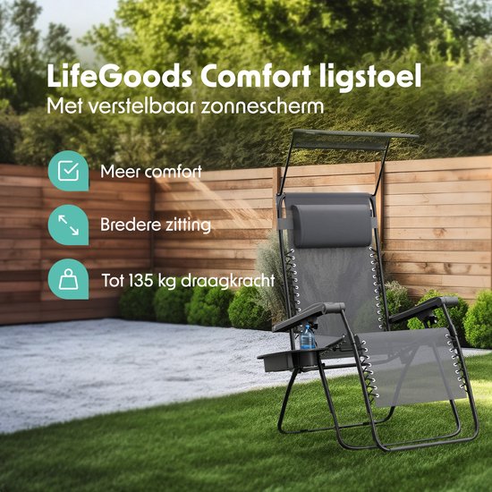 LifeGoods Opvouwbare Tuinstoel - Verstelbaar Zonnescherm - Ligstoel Tuin - 30°-90° Verstelbaar - Metaal - Grijs van Merkloos — afbeelding 2