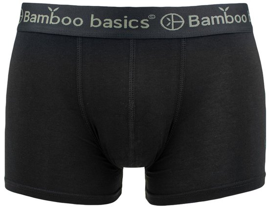 Zwarte bamboe boxershort met naden aan de voorkant en een elastische band met 'Bamboo Basics' logo.