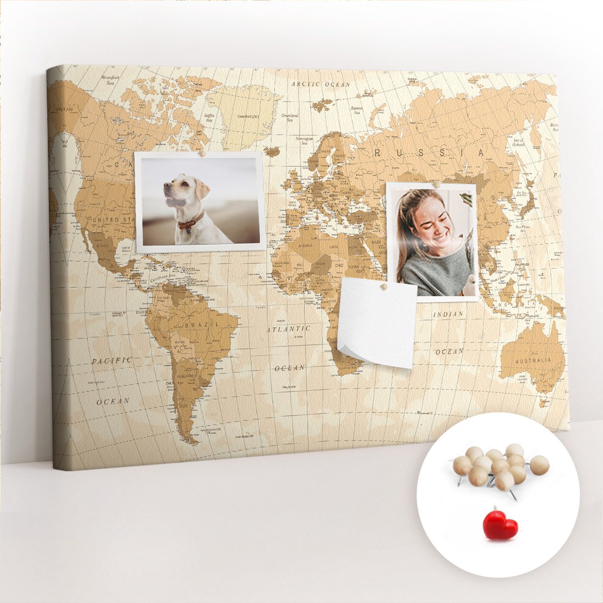 Tulup Prikbord - Politieke kaart van de wereld Prikbord Van Kurk - 60 cm x 40 cm - Oranje Prikbord - Houten Pinnen - Memobord Van Kurk - Kurkbord Slaapkamer - Kurkbord - Minimalistisch Kurkbord - Memo Kurkbord
