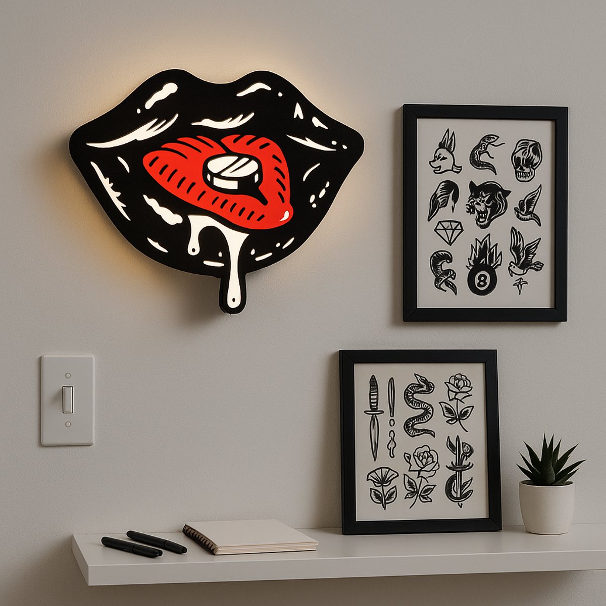 Tattoo Lightbox Lips Drugs – 3D LED Wandlamp | Stoere Tattoo Stijl Decoratie | Cadeau voor