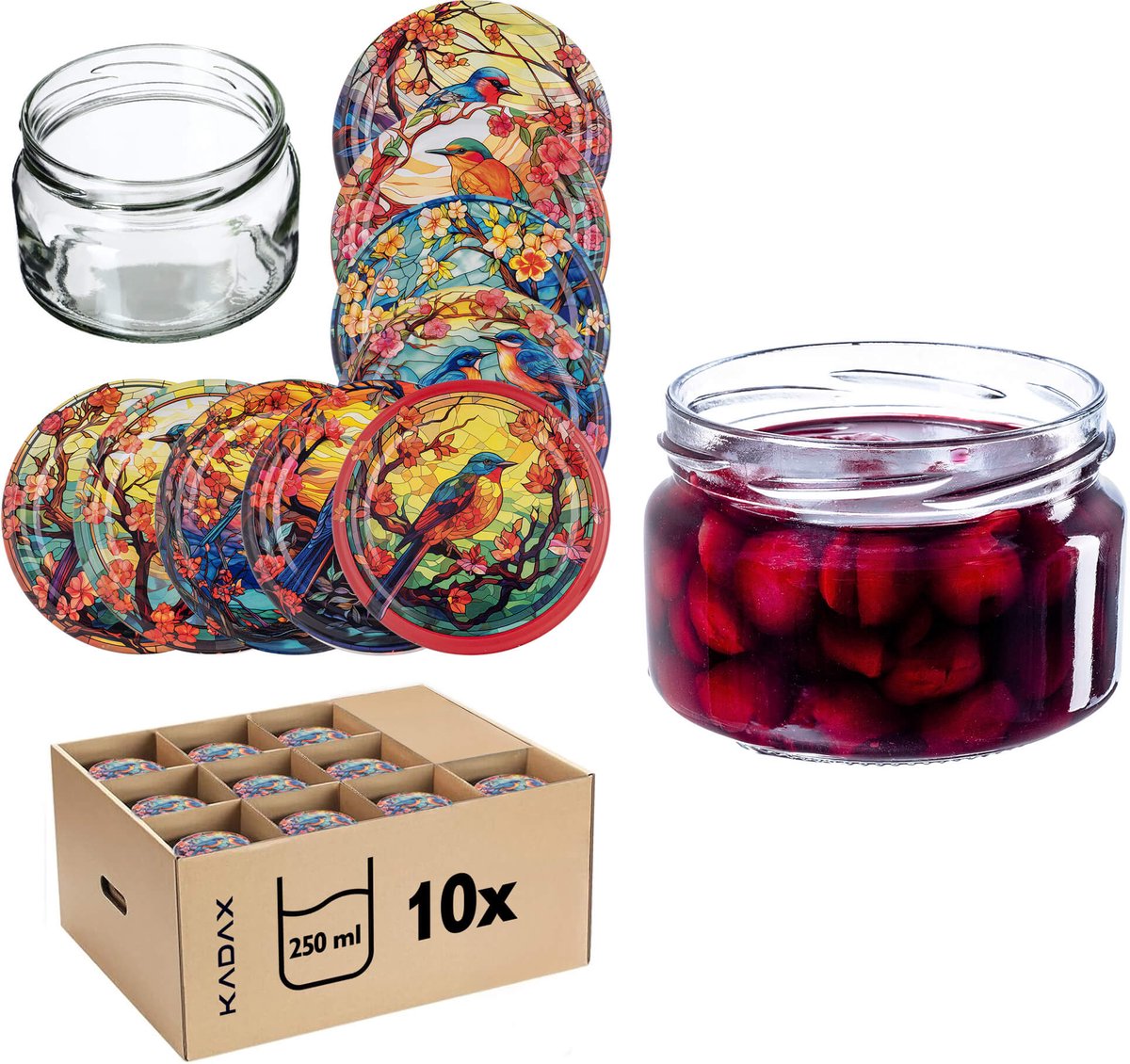 Denia Weckpotten 250ml 10st 82mm + Deksel "Glas-in-lood met Vogels"