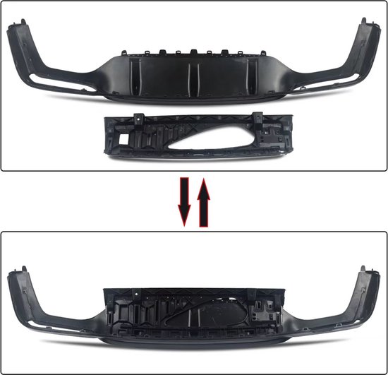 Zwarte achterbumper diffuser opgebouwd uit meerdere delen, voor en achter.
