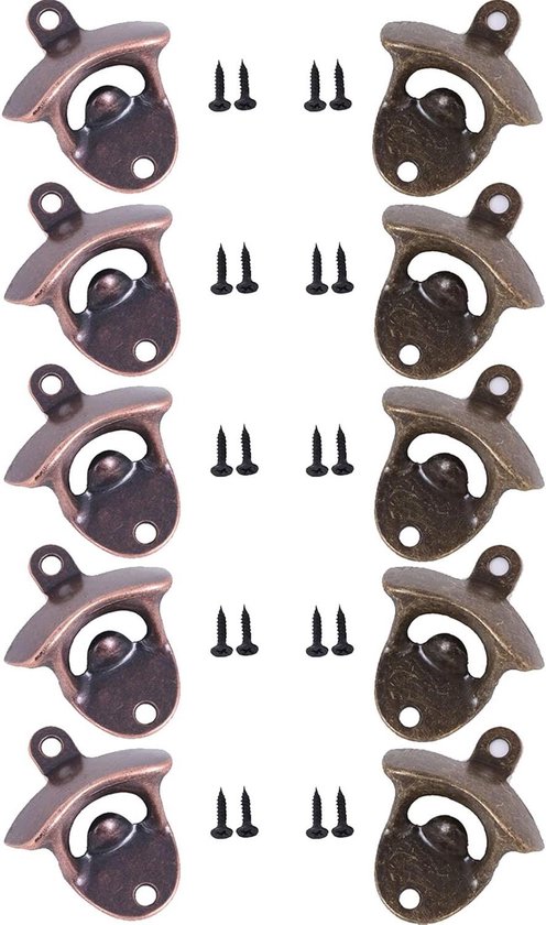 ACHANFLY 10 stuks flesopeners voor aan de muur, bier, flesopener, vintage, met schroeven, flesopener, magnetisch, wandmontage, flesopener voor bar, huis, keuken, tuin, café (brons