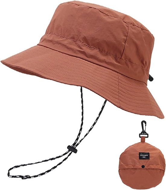 Koraalkleurige bucket hat met touwtje, zonnebescherming en een opvouwbaar hoesje.
