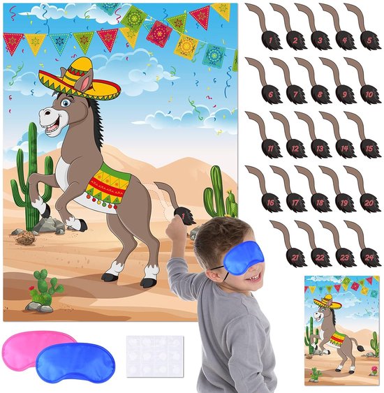 TRANKIELO® - Pin de Staart op de Ezel Partyspel – Mexicaans Feestbenodigdheden – Verjaardag Decoratie – Mexicaanse Fiesta Party Decoraties – 28"x21" Poster