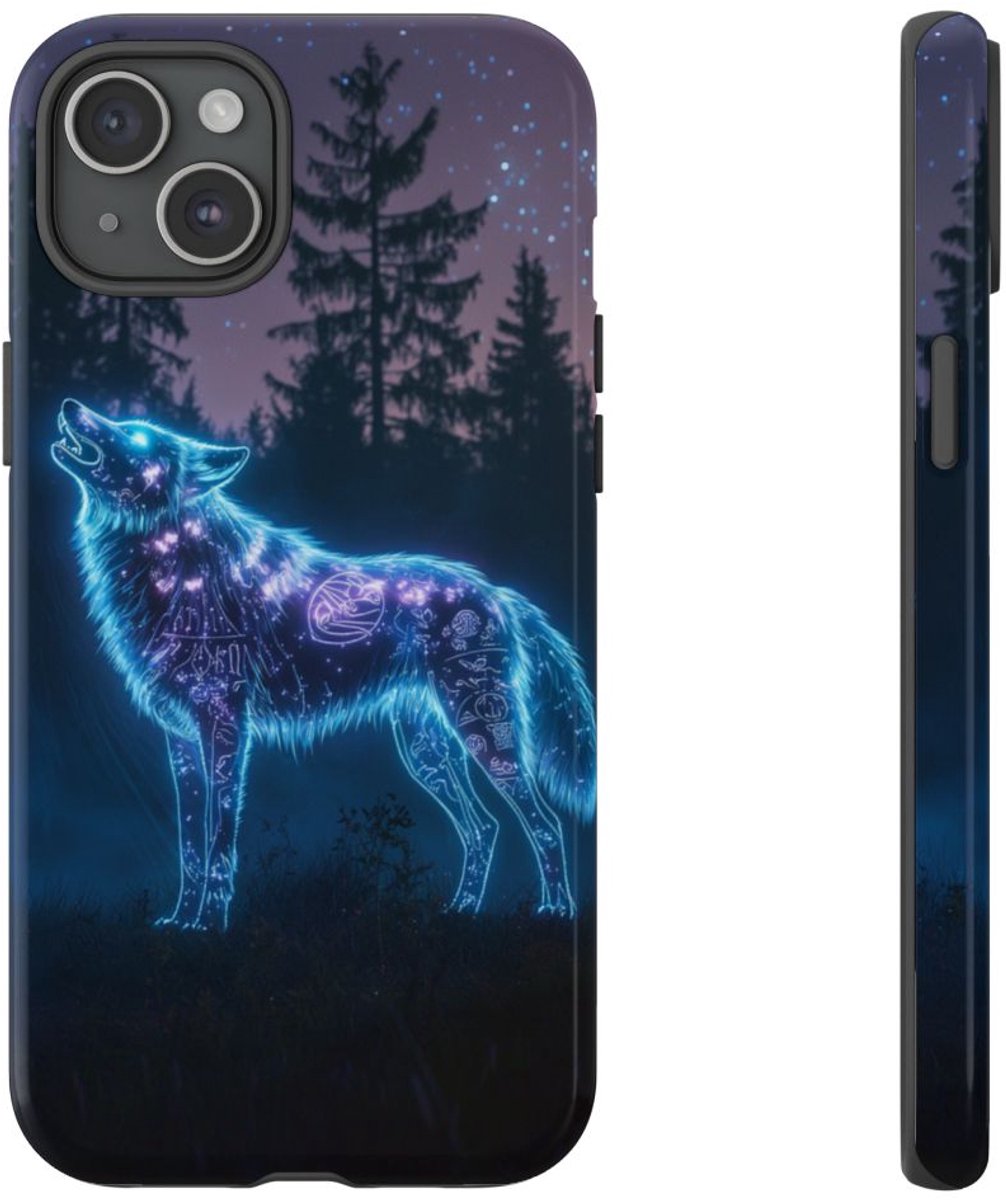 Gloeiende Wolf met Oeroude Symbolen – Telefoonhoesje Geschikt voor iPhone 15 Plus