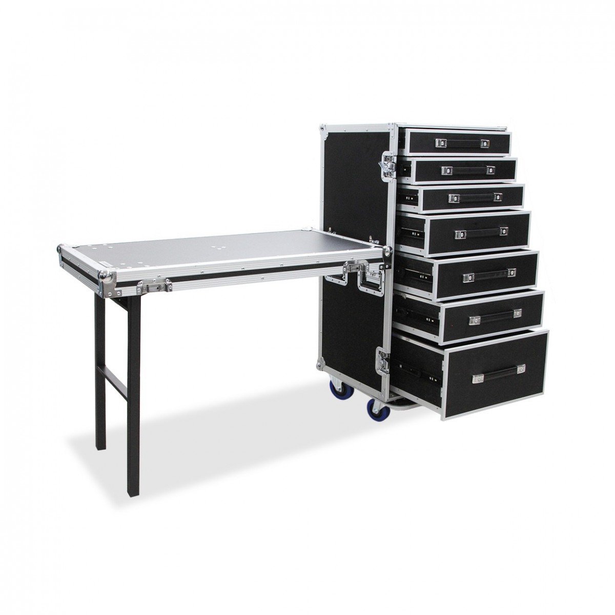 Trojan Pro 7-lade flightcase met enkele tafel voor zwaar gebruik op wielen