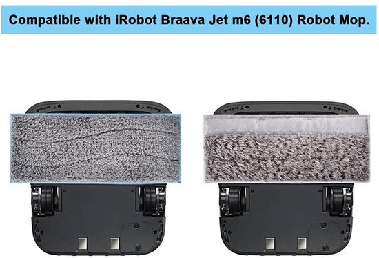 Twee dweilkoppen, geschikt voor iRobot Braava Jet m6 (6110) robotmop. De ene is grijs met blauw, de andere grijs met zilver.