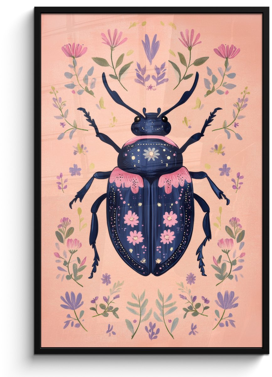 FrameYourWall Poster in lijst - Fotolijst 80x120 cm - Posters - Kever - Donkerblauw - Bloemen - Sierlijk - Posterlijst zwart - Decoratie - Wanddecoratie woonkamer - Muurdecoratie slaapkamer Bloemen - Kever