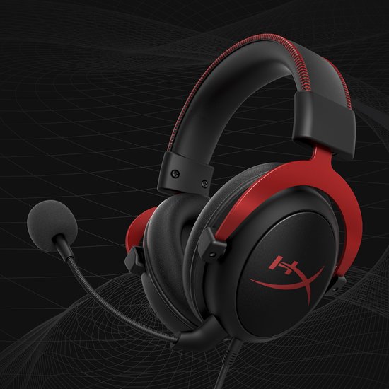 Zwarte gaming headset met rode accenten en "HX" logo. Verstelbare hoofdband met rode stiksels.
