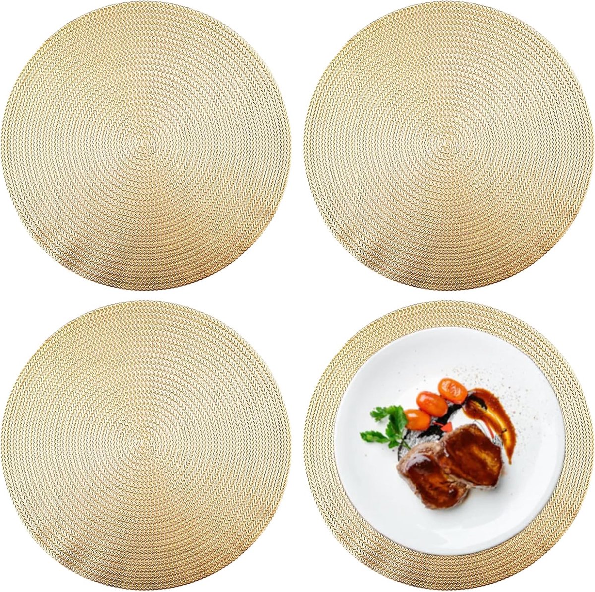 Image of 4 Pcs Ronde Gouden Placemats - Hollow Out Ronde Placemats - Warmte-isolatie Placemats - Non-slip en Warmtebestendig - Voor Decoreren en Beschermen van Eettafels - Gouden Kleur