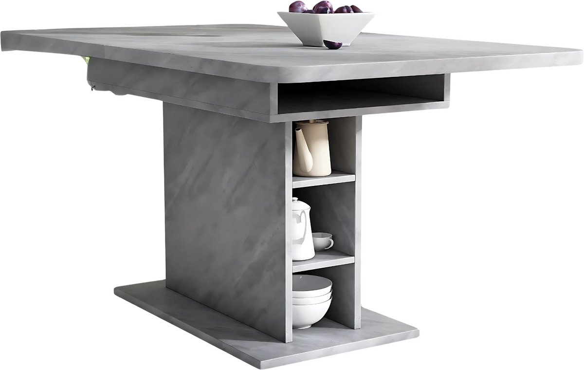 Happiq Eettafel - Keukentafel - Uitschuifbaar - Voor Woonkamer of Eethoek - Met Opbergruimte & Modern Design - Rechthoekig IJzer & Hout - Grijs