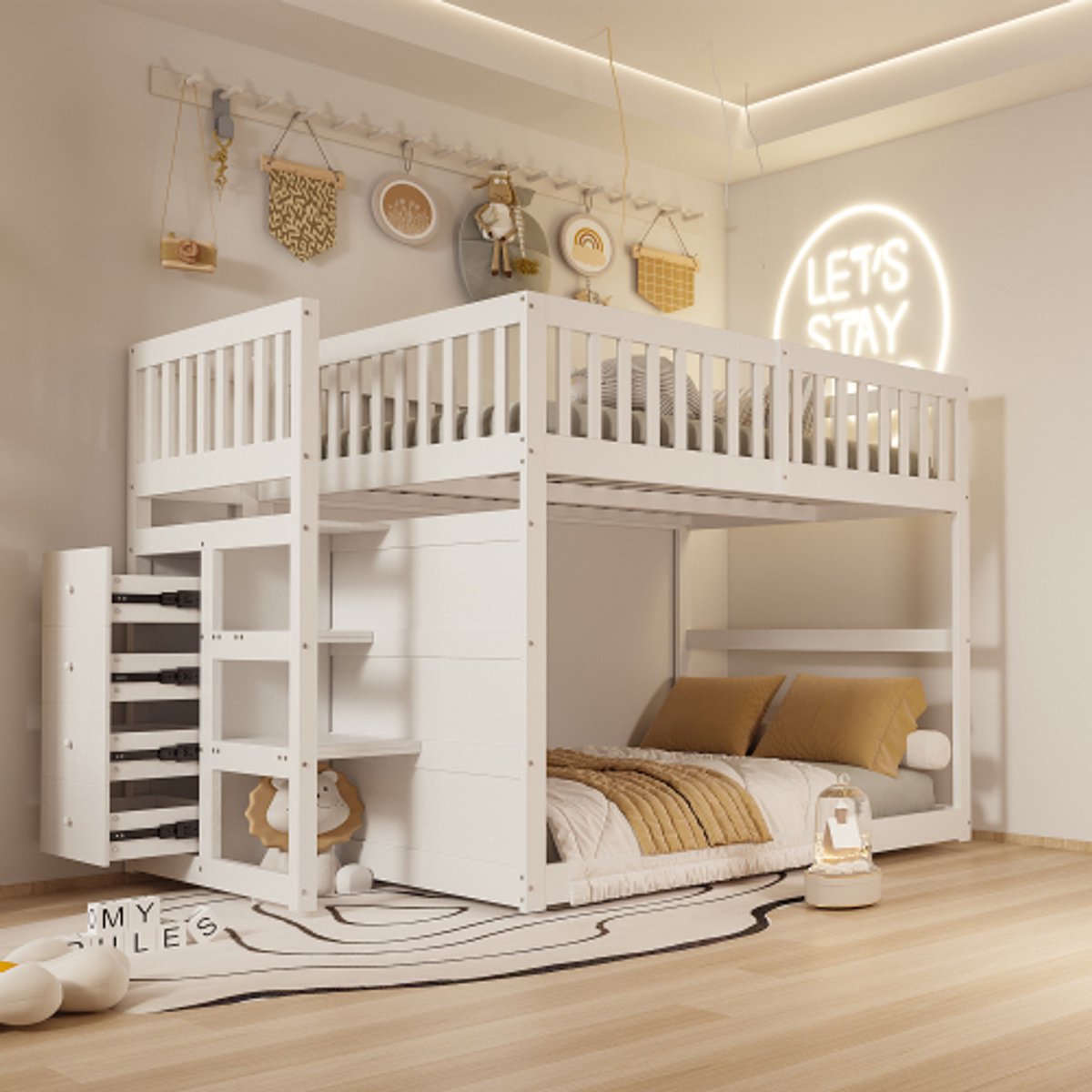Intebiki Laag Stapelbed - 140 x 200 cm - Veilig Stapelbed met Opbergruimte - Hoge Veiligheidshekjes - Houten Bedframe - Lattenbodem - Hoogslaper - Kinderbed - wit - Matras Niet Inbegrepen