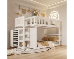 Laag stapelbed 140 x 200 cm, veiligheidsstapelbed met opbergvak, hoog hekwerkontwerp, houten bed, wit