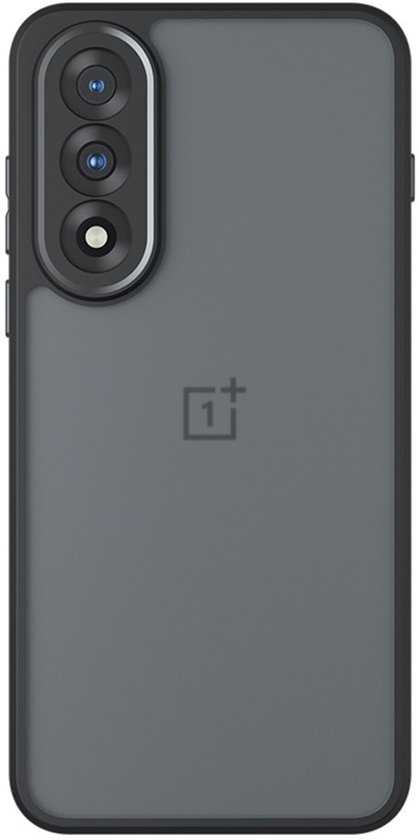 Duidelijk zicht op de achterkant van een OnePlus Nord 5 hoesje in matgrijs met een zwarte rand.