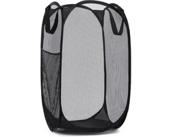 Wasmand - Opvouwbare waszak van mesh - Opvouwbare wasmand - Met handvat en zijvakken - Opvouwbare speelgoedorganizer, Perfect voor kinderkamers, studentenhuizen, reizen - Zwart