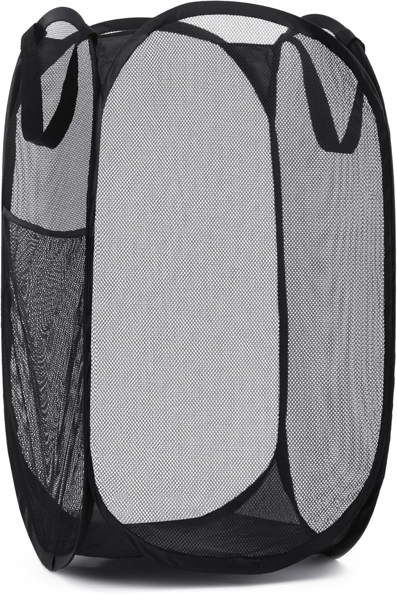 Wasmand - Opvouwbare waszak van mesh - Opvouwbare wasmand - Met handvat en zijvakken - Opvouwbare speelgoedorganizer, Perfect voor kinderkamers, studentenhuizen, reizen - Zwart