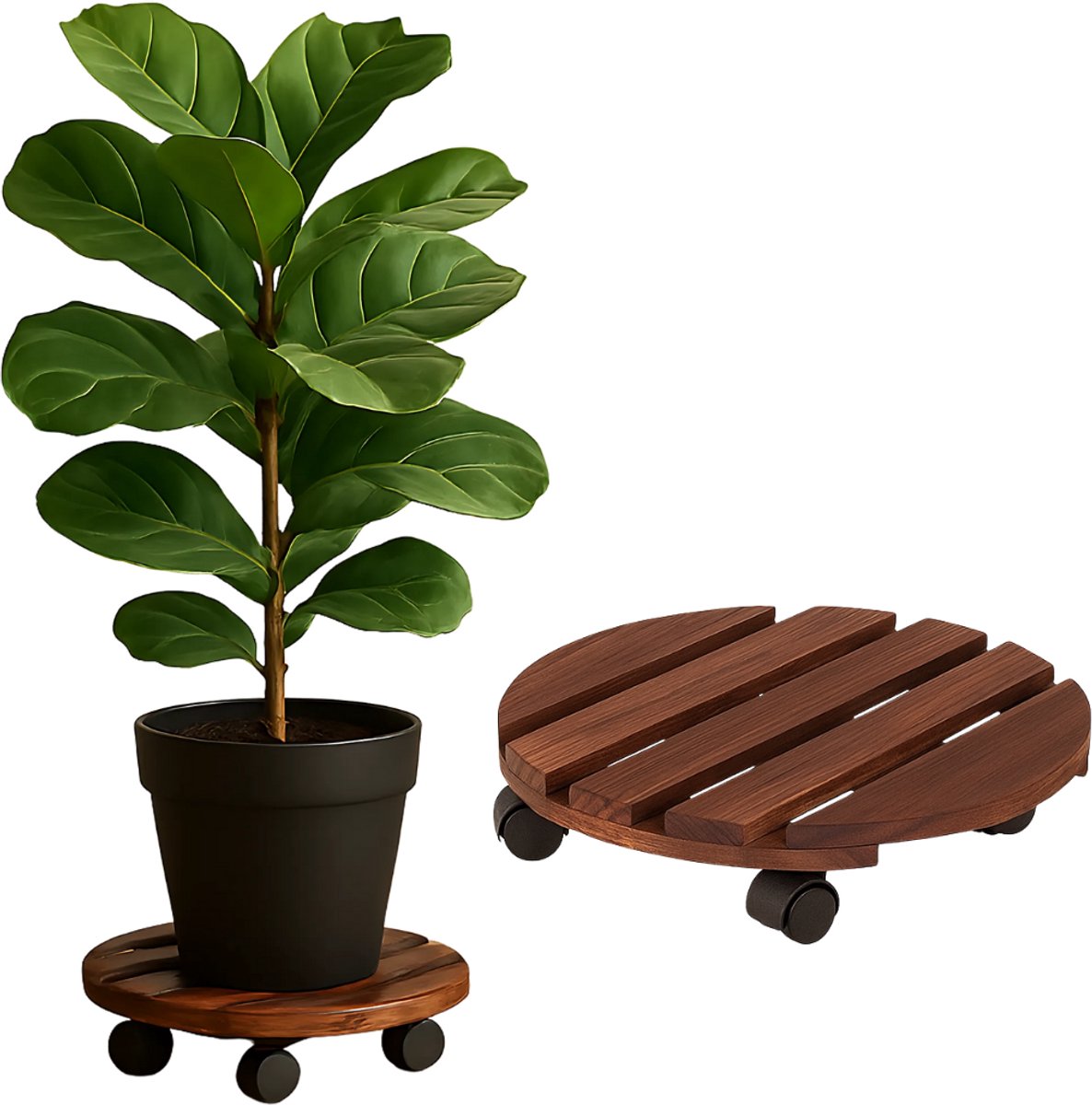 Lomera Houten Plantentrolley - Plantentrolley met Wieltjes - Rond 30 CM - 4 Zwenkwielen - Met Rem - Houtkleur - Bruine Plantentrolley - Plantenroller - Plantenstandaard - Plantenonderzetter - Kamerplanten Trolley - Plantenpot Trolley nvt