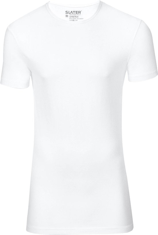 Wit Slater t-shirt met ronde hals, effen witte achtergrond.