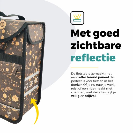 Voltano Enkele Shopper Fietstas - 17 Liter - Black Leaves - Zwart Met Bloemen - Waterdicht - Luxe Universele Bevestiging van Voltano — afbeelding 3