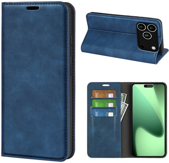 Blauw telefoonhoesje met drie afbeeldingen: gesloten, staand en open met kaarten.