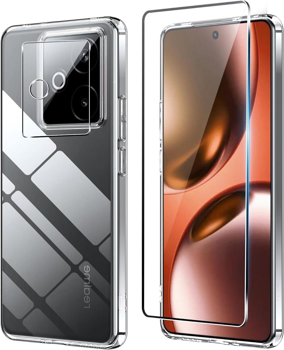 Beschermhoes geschikt voor Realme GT7 - Schokbestendige TPU Siliconen Hoes + Gehard Glas Displaybeschermer + Lensbescherming - Ultrahelder - 9H Hardheid