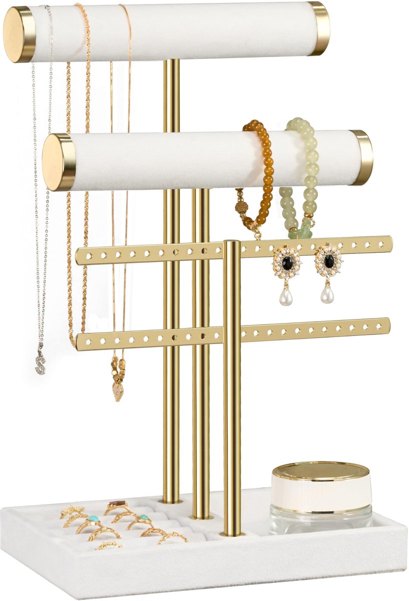 Ibenzoa® Sieradenstandaard met Drie Niveaus voor Armbanden, Kettingen, Ringen en Horloges in Luxe Wit Fluweel