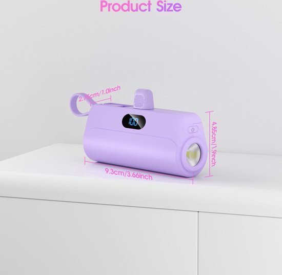 Sounix mini Powerbank avec Lampe de Poche - 5 000 mAh - Powerbank iPhone 12/13/14/15 - Lightning/USB-C - Chargeur rapide & affichage LED de la batterie - 12 Watt - Violet