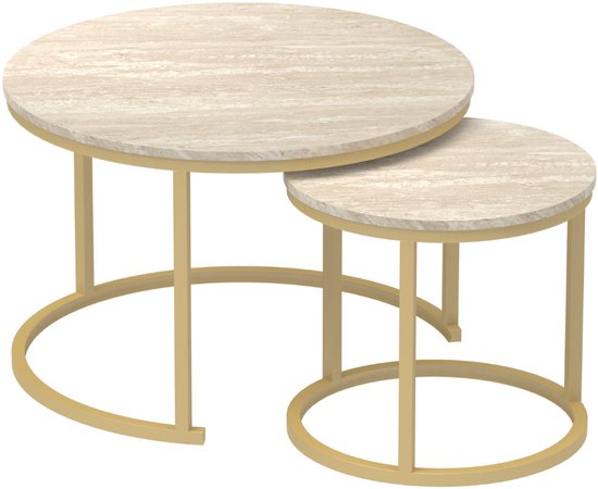 Set van twee ronde geneste salontafels met marmerlook bladen en gouden metalen frames, geplaatst op een witte achtergrond.