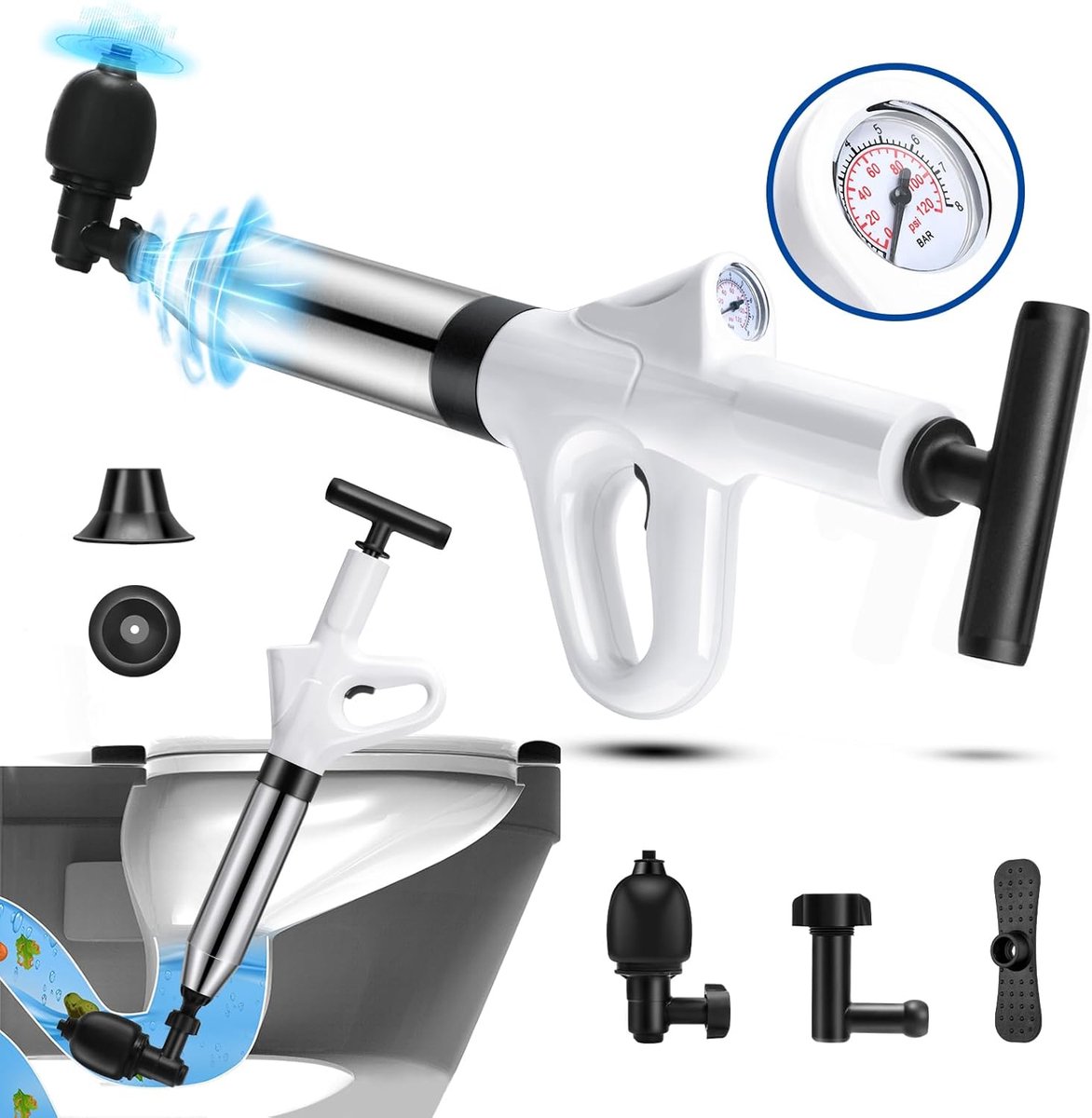 Luchtzuiger met luchtdrukmeter voor veiligheid en duurzaamheid. Toiletzuigerblaster, hogedruk pneumatische afvoerontstopper. Zware zuigers voor badkamers.