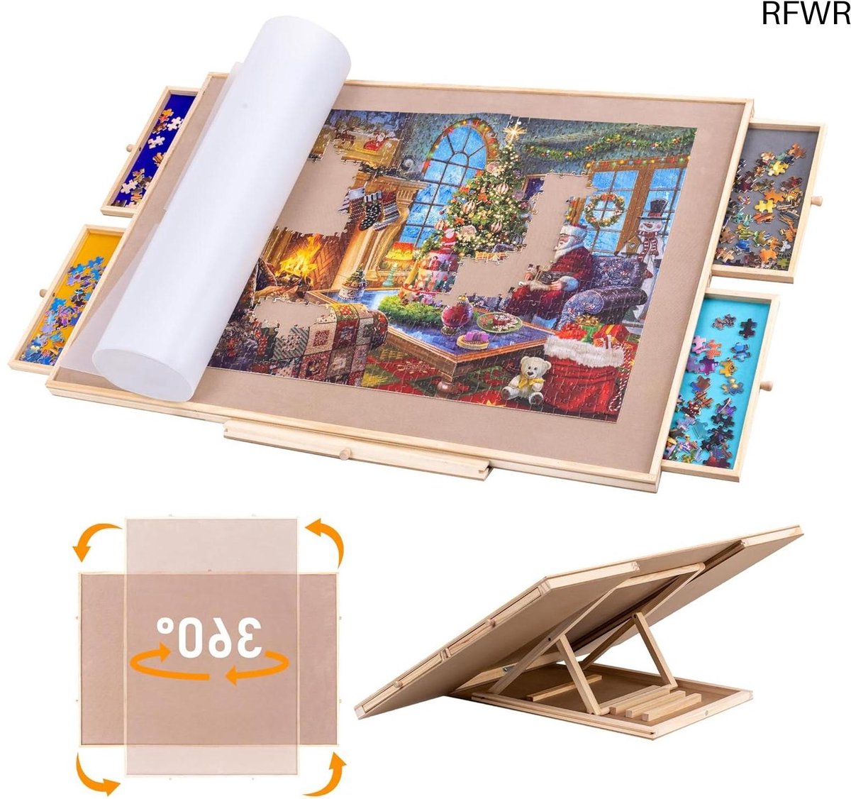 RFWR® Kantelbaar houten puzzelbord met opbergladen en antislip oppervlak voor 1500 puzzelstukken