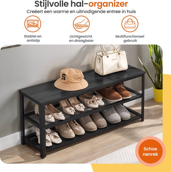 Zwarte schoenenkast met 3 etages, gevuld met schoenen, een hoed en een tas. Tekst: Stijlvolle hal-organizer. Creëert een warme en uitnodigende entree. Schoenenrek.