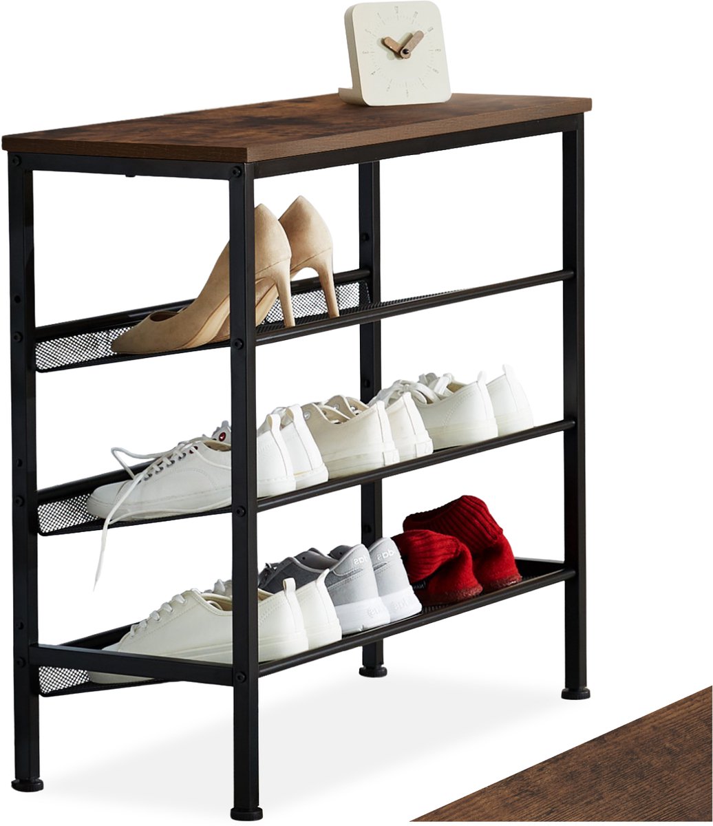 tectake® Smalle Schoenenkast met Opbergruimte – Hout & Metaal, Industriële Stijl, 4 Niveaus, 3 Roosterplanken, 75,5x30,5x69,5 cm – Industrial Dark Brown