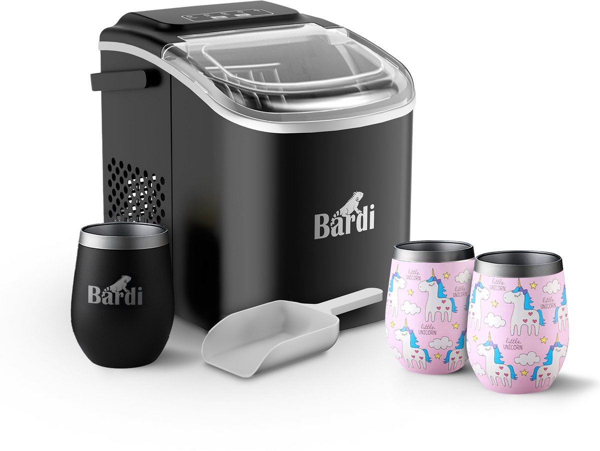 Bardi Deluxe IJsblokjesmachine Set 1,2 Liter Zwart - 12KG IJsblokjes in 24 uur - met IJsschep - Inclusief 3 Luxe Thermosbekers en Ijsschep - Eenhoorn