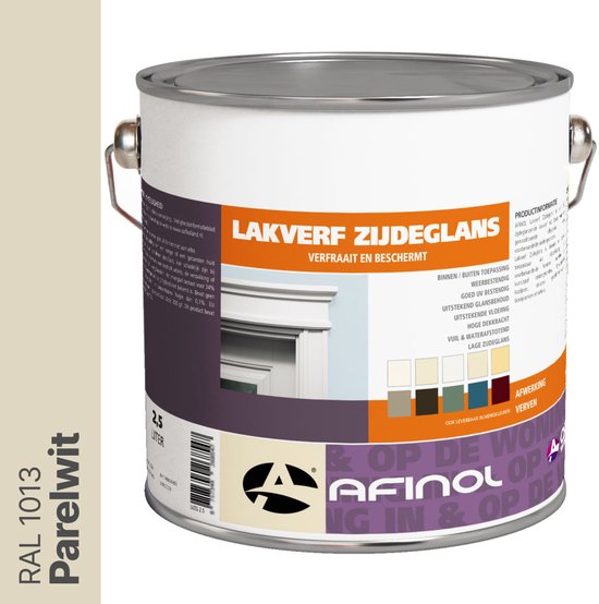 Blik Afinol zijdeglans lakverf in de kleur Parelwit (RAL 1013). De verf is geschikt voor binnen en buiten.