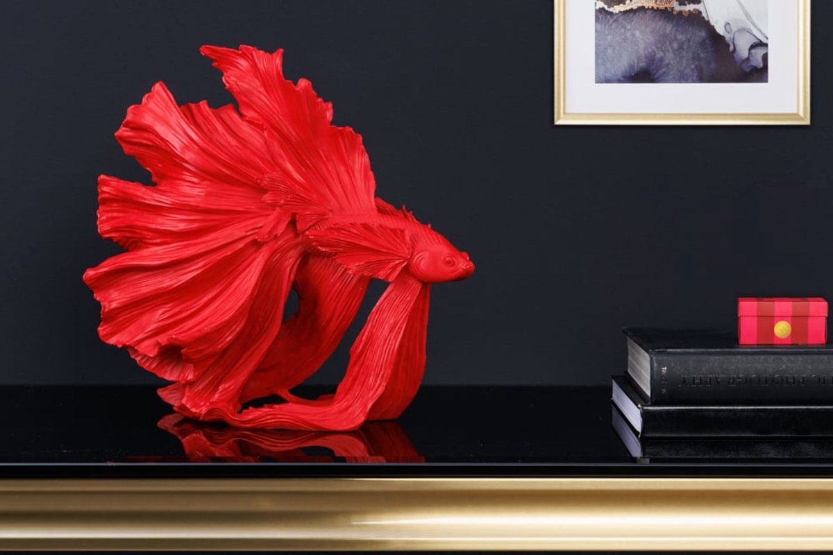 Design decoratief figuur vechtende vis CROWNTAIL 35cm rood Betta vissculptuur - 43173