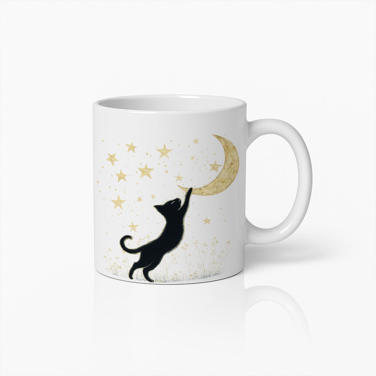 Zwarte Kat en Maan Mok – Magische Hemelse Koffiebeker met Sterren en Maandesign