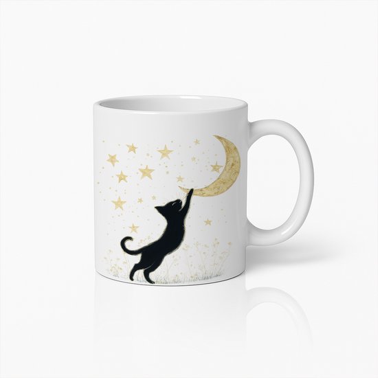 Zwarte Kat en Maan Mok – Magische Hemelse Koffiebeker met Sterren en Maandesign