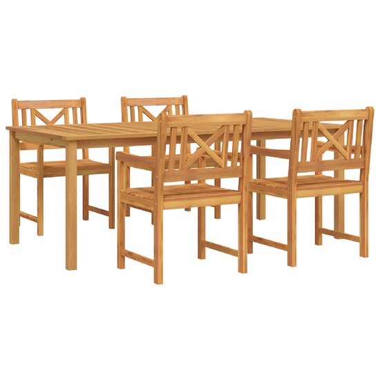 Houten eettafelset met vier stoelen, met kruisvormige rugleuningen.