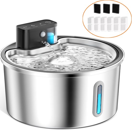 PAWPOLL Drinkfontein Kat - Draadloze met Sensor - Kattenfontein 3.2L - Waterfontein kat - Drinkfontein katten RVS - Drinkbak Kat - incl 6 Filter en 3 Sponzen
