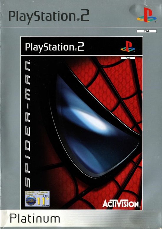 Jeu PlayStation 2 'Spider-Man', édition Platinum. Toile d'araignée rouge avec masque bleu et PEGI 11.