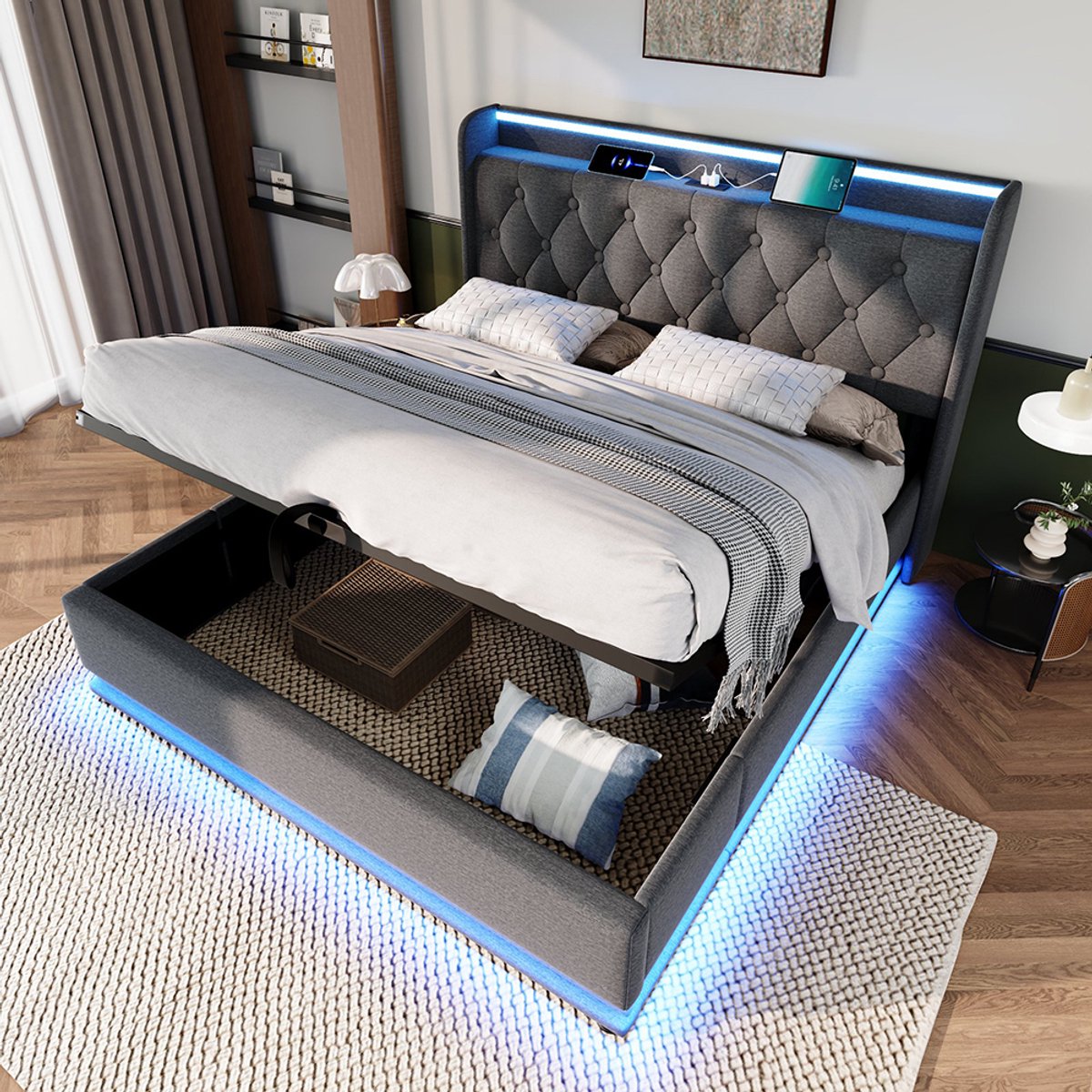 Pugsdrly Gestoffeerd bed tweepersoonsbed, 360-surround-led-functie, drukknop/app/afstandsbediening, 160*200 cm, grijs linnenmateriaal Hydraulisch bedframe, gestoffeerd hoofdeinde met USB-type C-oplaadfunctie (zonder matras)