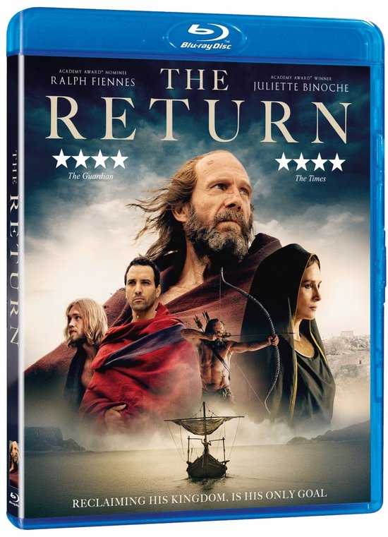 Blu-ray hoes van 'The Return' met Ralph Fiennes, Juliette Binoche, en anderen. Een man met baard en boog staat centraal.