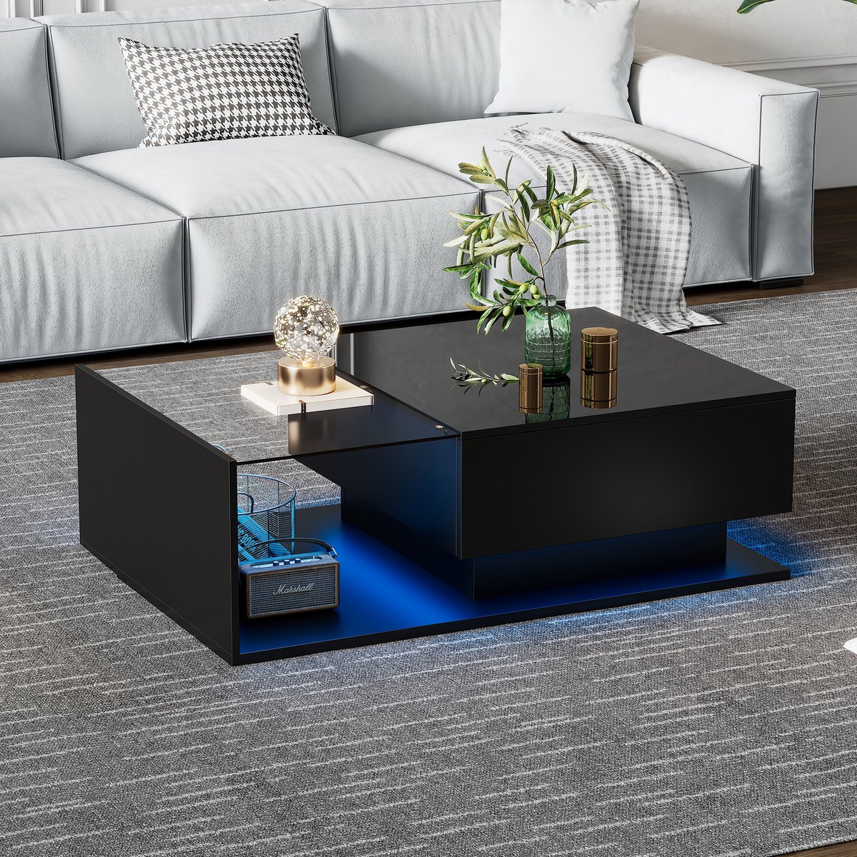 HAUSS SPOLE Salontafel - Rechthoek 100x50x32 cm - Salontafel Met Lade En LED Hoogglans Bovenplaat - Praktisch Opbergruimte Voor Woonkamer - Hout - Zwart